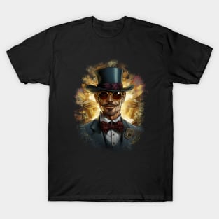 Illustration Design - Sophisticated Gentleman in Glasses, Suit with Top Hat, Amidst a Cascade of Dollars. T-Shirt